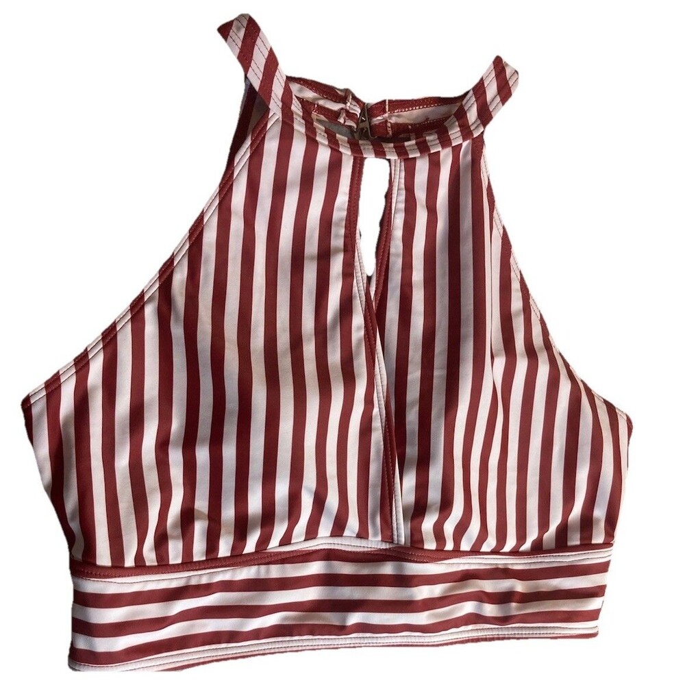 High Neck Red & White Striped Swim Top Sz L Buckle Clasp V Neck Retro